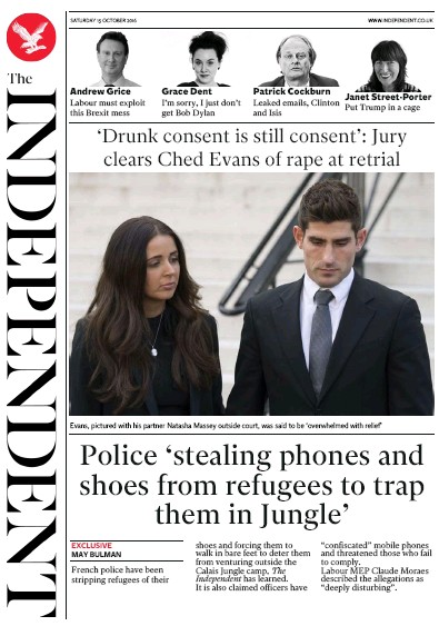 The Independent Newspaper Front Page for 15 October 2016