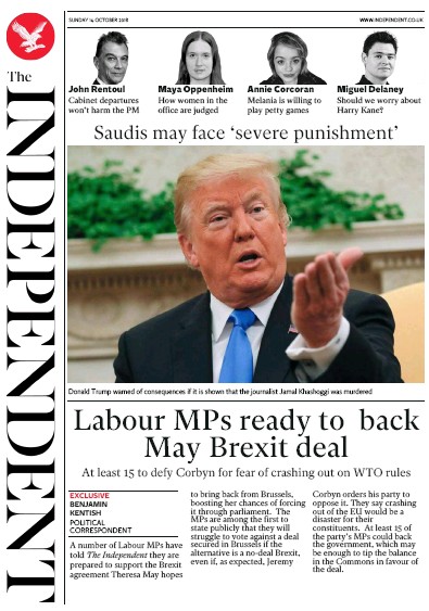 The Independent Newspaper Front Page for 15 October 2018