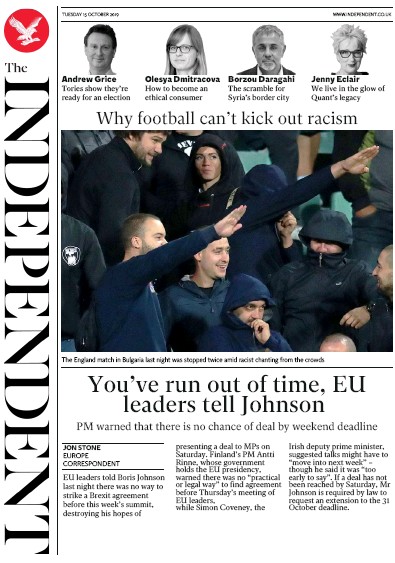 The Independent Newspaper Front Page for 15 October 2019