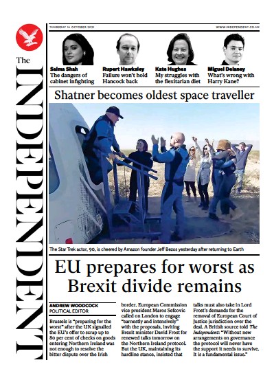 The Independent (UK) Newspaper Front Page for 15 October 2021