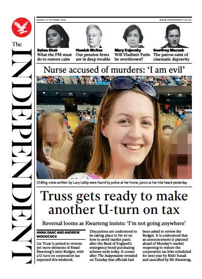 The Independent (UK) Newspaper Front Page for 15 October 2022