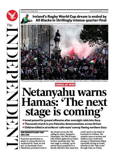 The Independent (UK) Newspaper Front Page for 15 October 2023