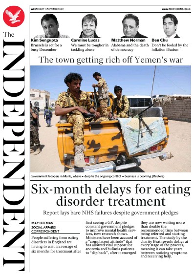 The Independent Newspaper Front Page for 15 November 2017