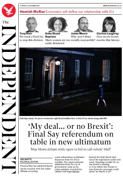 The Independent (UK) Newspaper Front Page for 15 November 2018