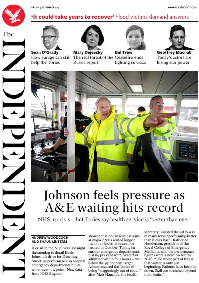The Independent Newspaper Front Page for 15 November 2019