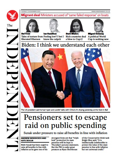 The Independent (UK) Newspaper Front Page for 15 November 2022