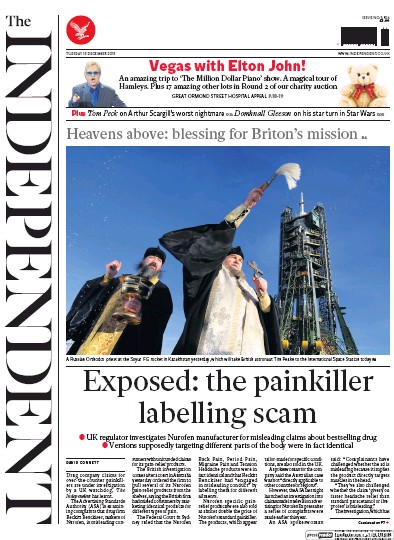 The Independent (UK) Newspaper Front Page for 15 December 2015