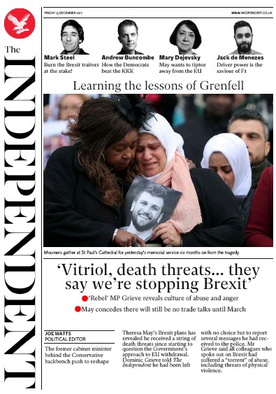 The Independent Newspaper Front Page for 15 December 2017