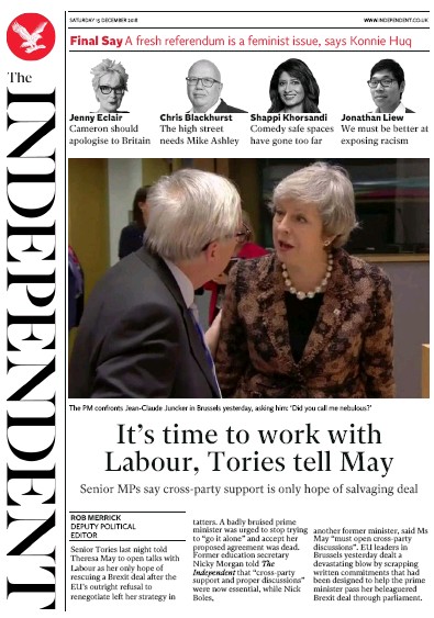 The Independent Newspaper Front Page for 15 December 2018