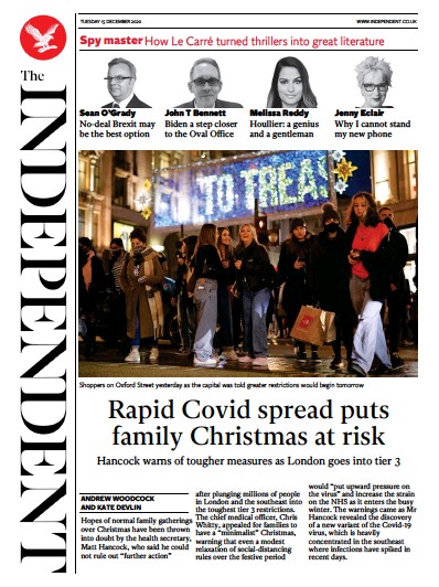The Independent Newspaper Front Page for 15 December 2020