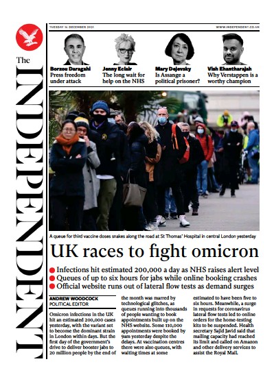 The Independent (UK) Newspaper Front Page for 15 December 2021