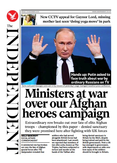 The Independent Newspaper Front Page for 15 December 2023