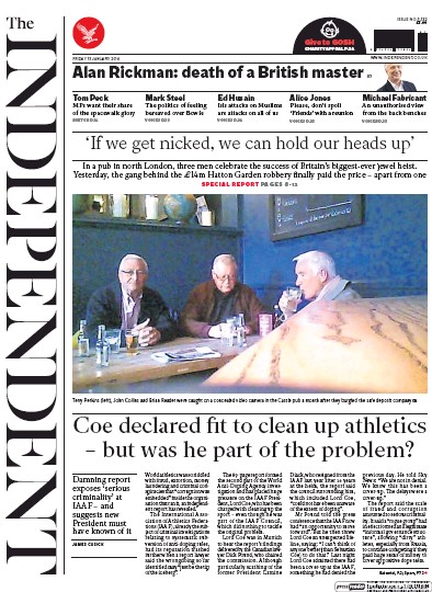 The Independent Newspaper Front Page for 15 January 2016