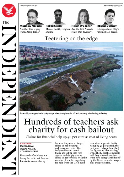 The Independent Newspaper Front Page for 15 January 2018