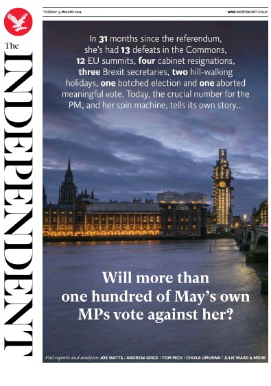 The Independent Newspaper Front Page for 15 January 2019