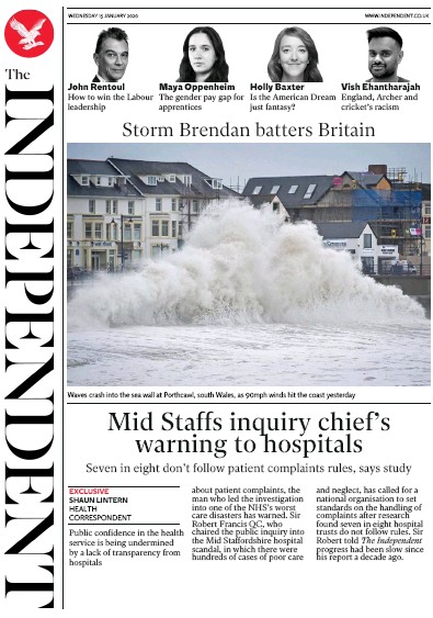 The Independent (UK) Newspaper Front Page for 15 January 2020