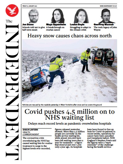 The Independent (UK) Newspaper Front Page for 15 January 2021