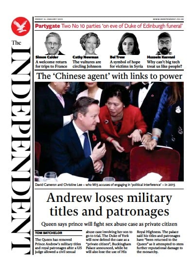 The Independent (UK) Newspaper Front Page for 15 January 2022