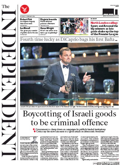 The Independent Newspaper Front Page for 15 February 2016