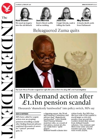 The Independent Newspaper Front Page for 15 February 2018