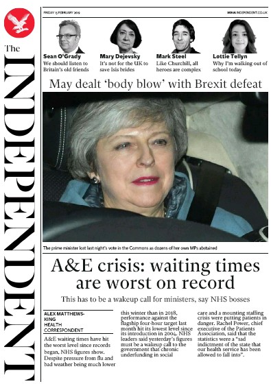 The Independent Newspaper Front Page for 15 February 2019