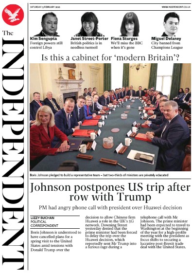 The Independent (UK) Newspaper Front Page for 15 February 2020