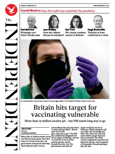 The Independent Newspaper Front Page for 15 February 2021
