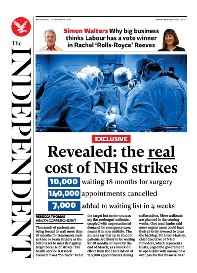 The Independent (UK) Newspaper Front Page for 15 February 2023