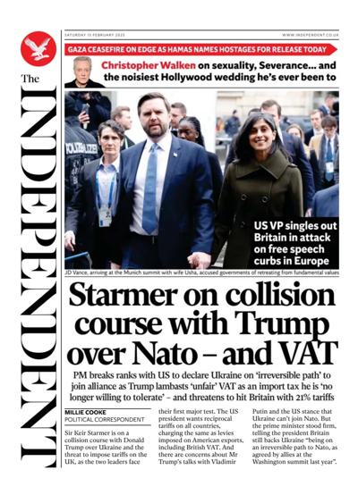 The Independent (UK) Newspaper Front Page for 15 February 2025