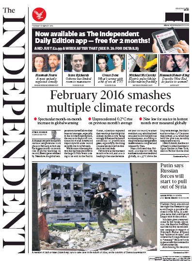 The Independent Newspaper Front Page for 15 March 2016