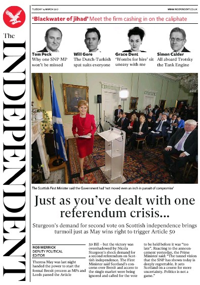 The Independent Newspaper Front Page for 15 March 2017