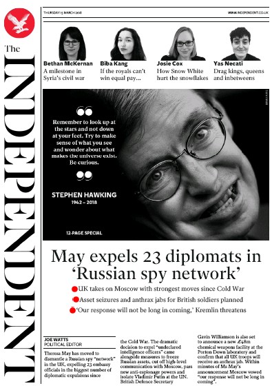 The Independent Newspaper Front Page for 15 March 2018