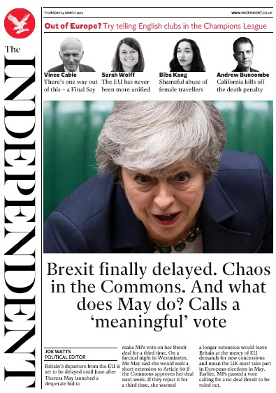 The Independent Newspaper Front Page for 15 March 2019