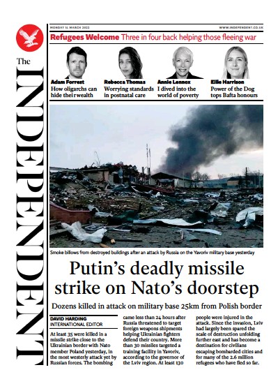 The Independent Newspaper Front Page for 15 March 2022