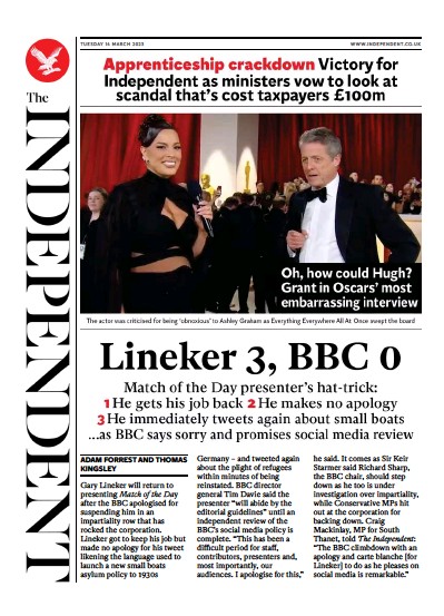 The Independent (UK) Newspaper Front Page for 15 March 2023
