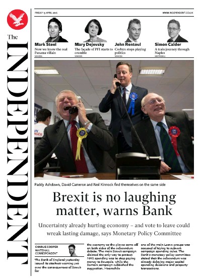 The Independent Newspaper Front Page for 15 April 2016
