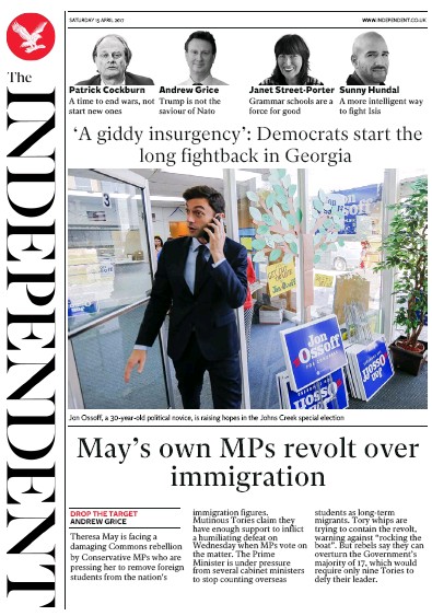 The Independent Newspaper Front Page for 15 April 2017