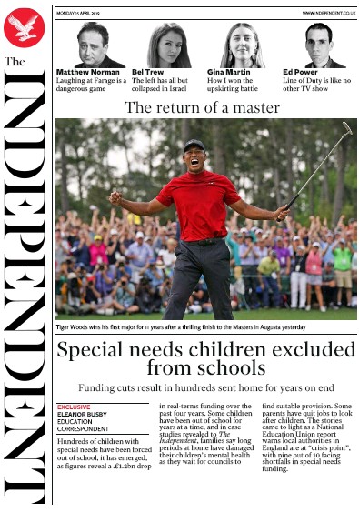 The Independent Newspaper Front Page for 15 April 2019
