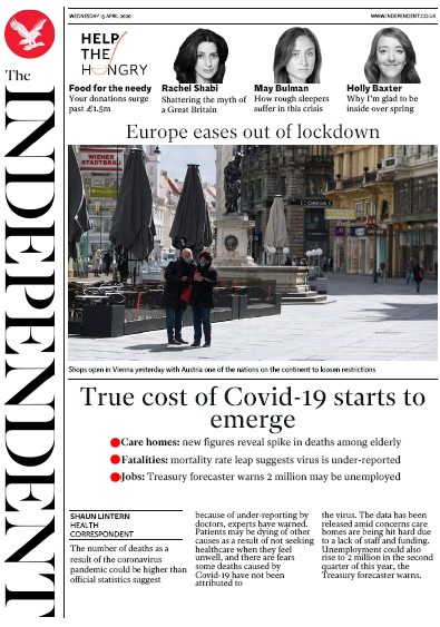 The Independent Newspaper Front Page for 15 April 2020