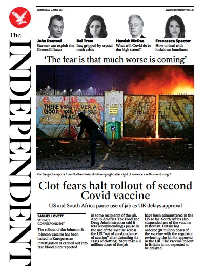 The Independent (UK) Newspaper Front Page for 15 April 2021