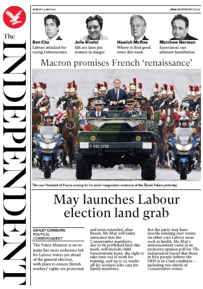 The Independent Newspaper Front Page for 15 May 2017