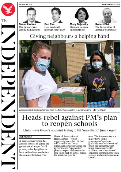 The Independent (UK) Newspaper Front Page for 15 May 2020