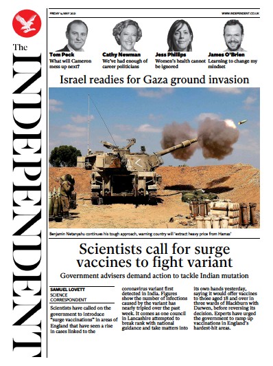 The Independent Newspaper Front Page for 15 May 2021