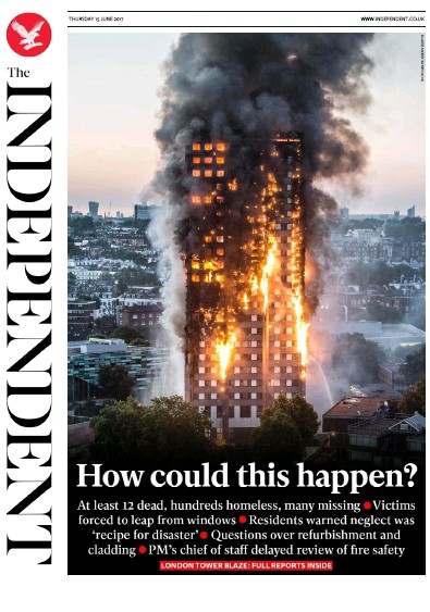 The Independent Newspaper Front Page for 15 June 2017