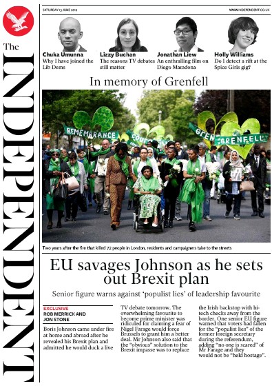 The Independent Newspaper Front Page for 15 June 2019