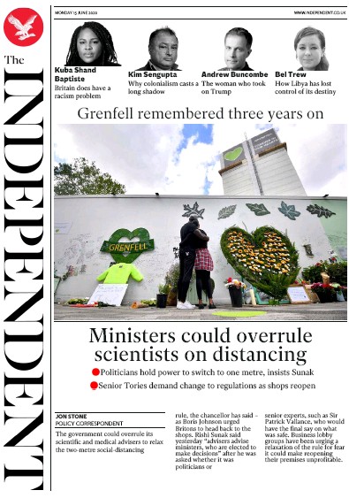 The Independent Newspaper Front Page for 15 June 2020