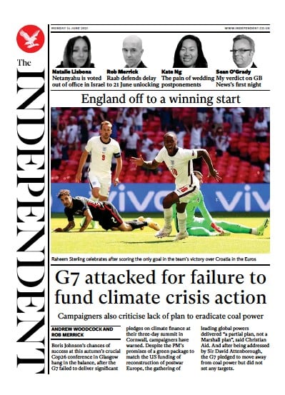 The Independent (UK) Newspaper Front Page for 15 June 2021