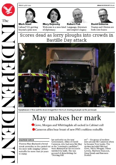 The Independent Newspaper Front Page for 15 July 2016