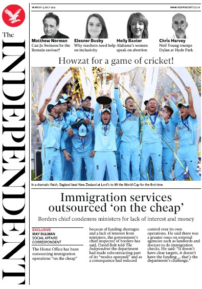 The Independent Newspaper Front Page for 15 July 2019