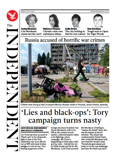 The Independent Newspaper Front Page for 15 July 2022